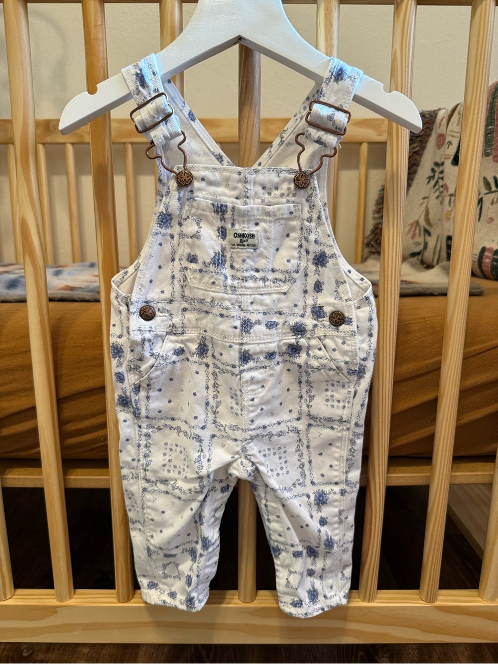White and Blue Denim Floral Patch Overalls